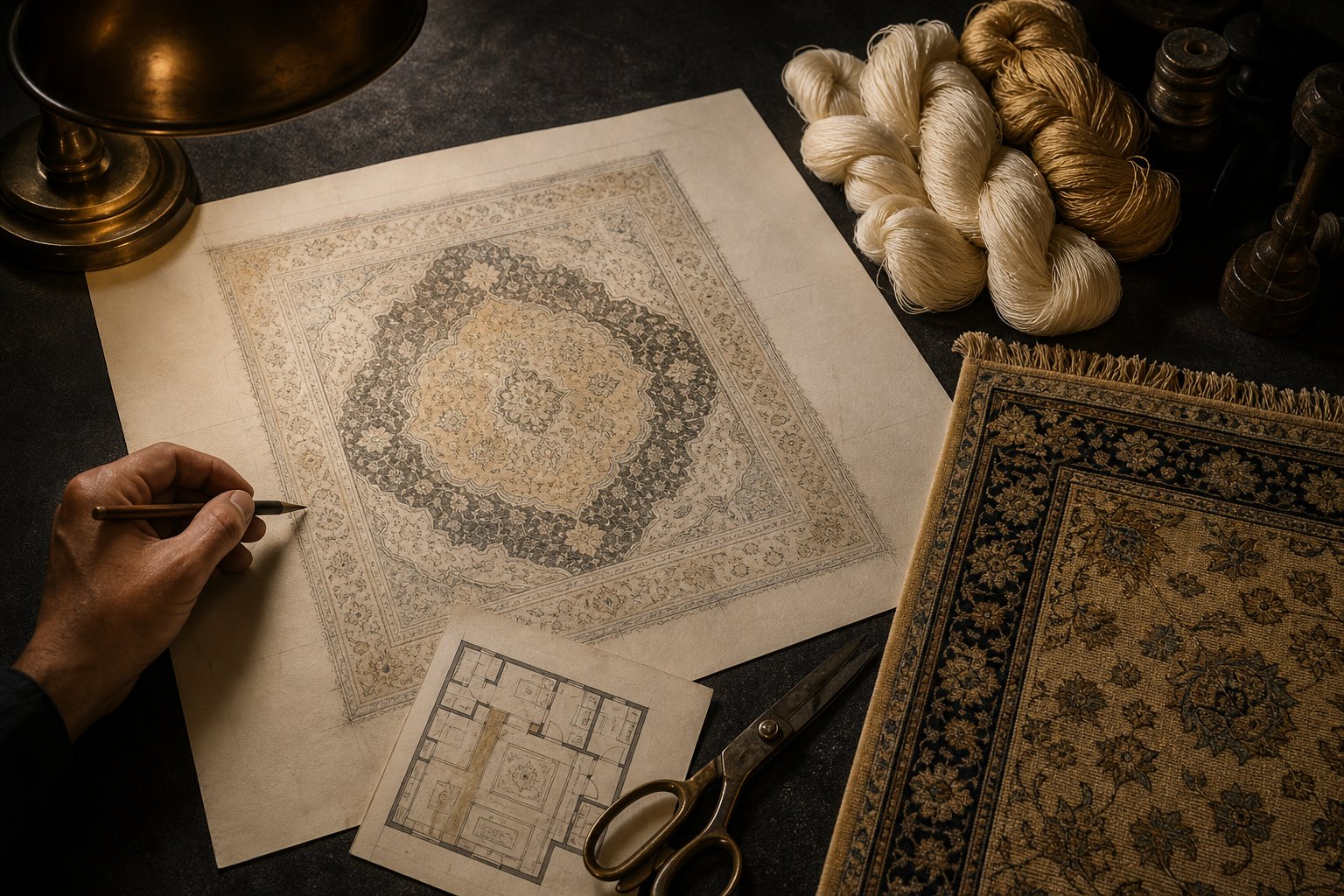 Carpet design sketches, silk samples, and a floor plan prepared for a bespoke commission