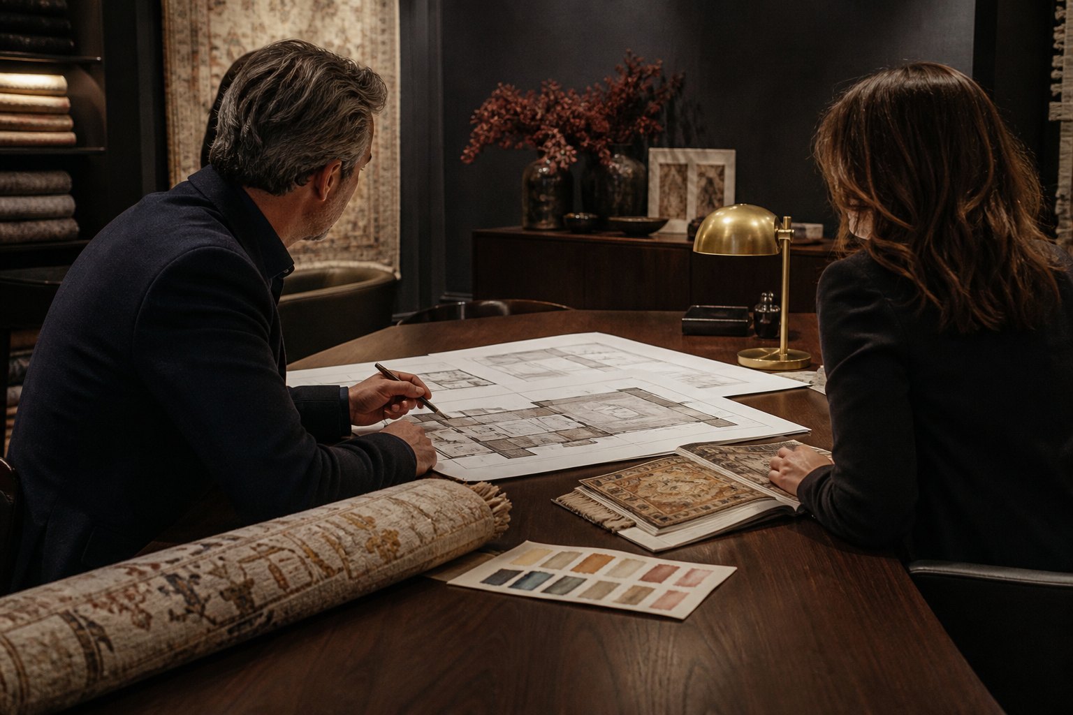 Design consultation with sketches and silk rug samples in the Divine Teppich atelier