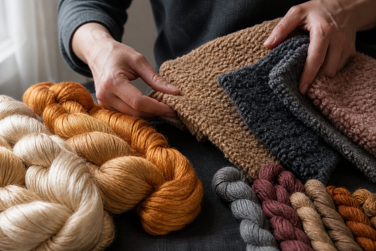 Mulberry silk skeins and New Zealand wool colour samples for a bespoke carpet
