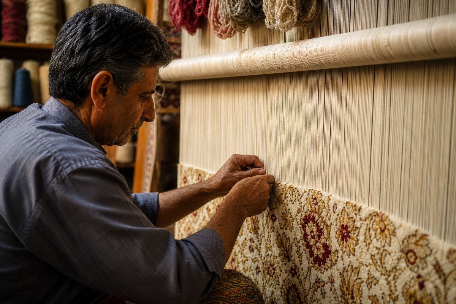 Master artisan tying silk knots on a traditional loom