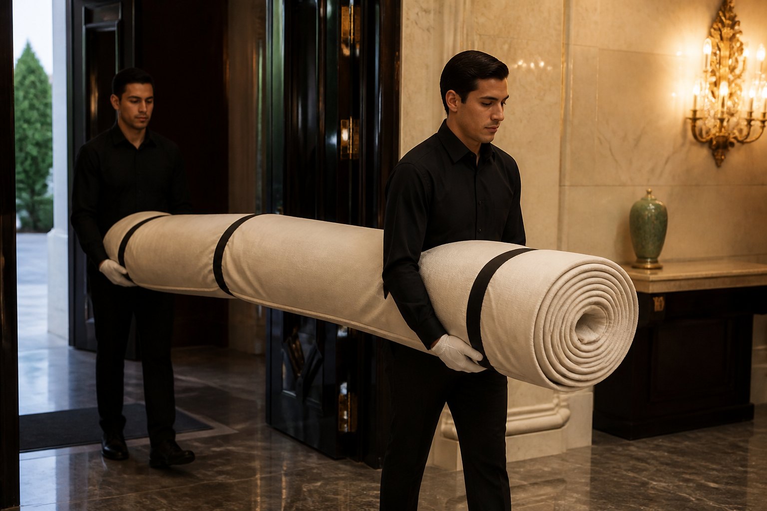 White-glove delivery of a rolled bespoke carpet into a private residence